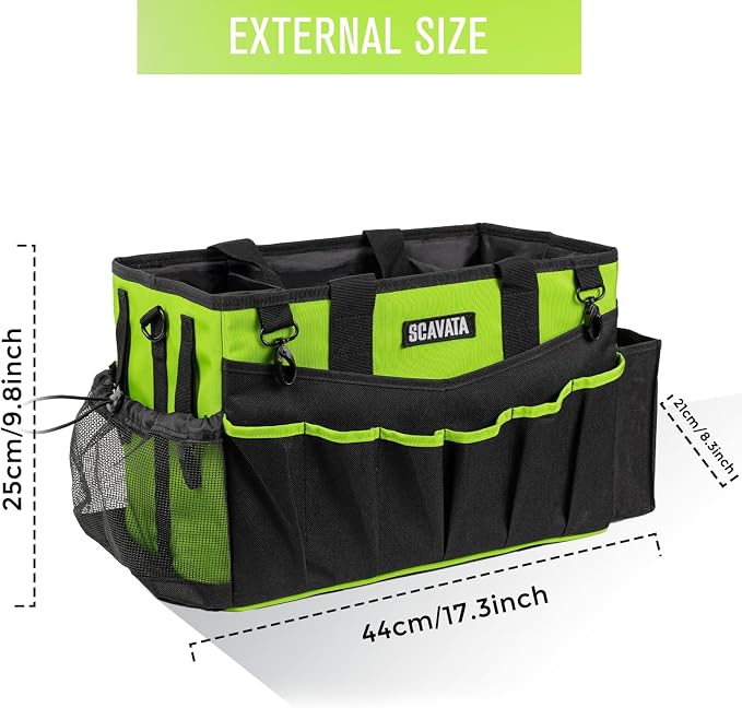 SCAVATA Wearable Cleaning Caddy Bag, Cleaning Caddy Supplies Organizer with Handle & Shoulder Straps for Housekeepers, Under Sink & Car Cleaning Tool Organizers with 4 Foldable Divider (NeonGreen)
