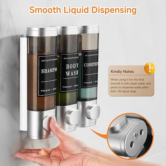 Shampoo and Conditioner Dispenser,Shower Dispenser 3 Chamber No Drill Wall-Mounted Shampoo Dispenser for Shower Wall Mounted Shower Soap Dispenser for Bathroom Hotel Large Capacity,Light Silver