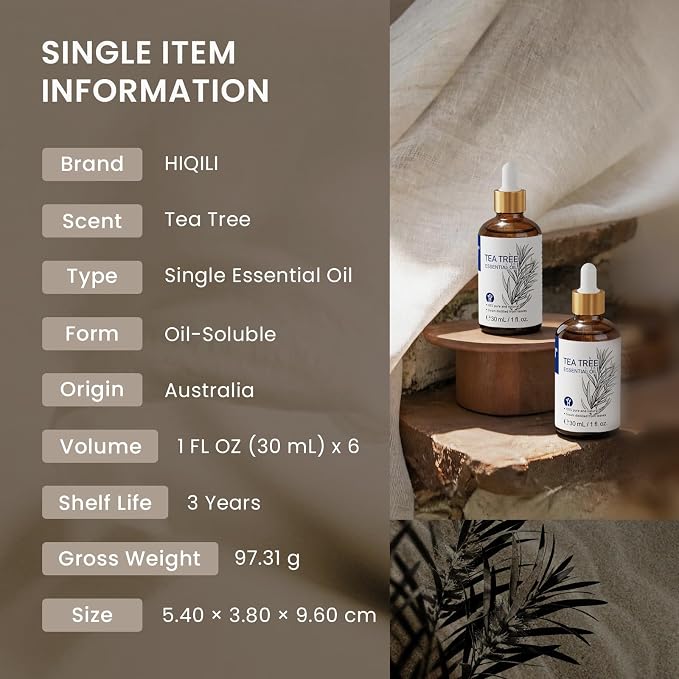 HIQILI Tea Tree Oil Set - 1 fl oz (6 Pack), 100% Pure Natural with Stable Quality, Bulk Pack for Business Purchase, Ideal for Nail and Body Care, Diffuser, DIY, Holiday Gift & Home Use