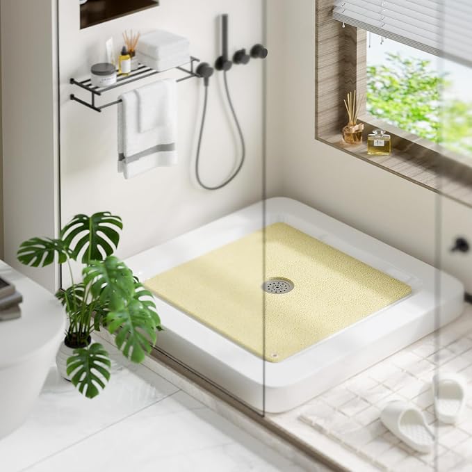 HITSLAM Shower Mat, 24x24 Inch Square Non Slip Bathtub Mat, Soft PVC Loofah Bath Mat for Tub with Hanging Holes, Quick Drying Shower Floor Mat, Without Suction Cups, Beige