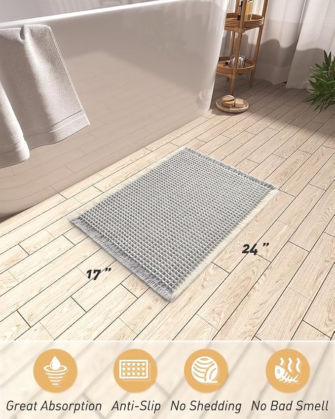 Upgraded Waffle Bath Mat, Super Absorbent Non Slip Bath Mats for Bathroom Floor, Machine Washable Bathroom Rugs with Tassels, Rubber Backed Bathroom Mats, Ultra Soft, 17" x 24",LightGrey & Cream
