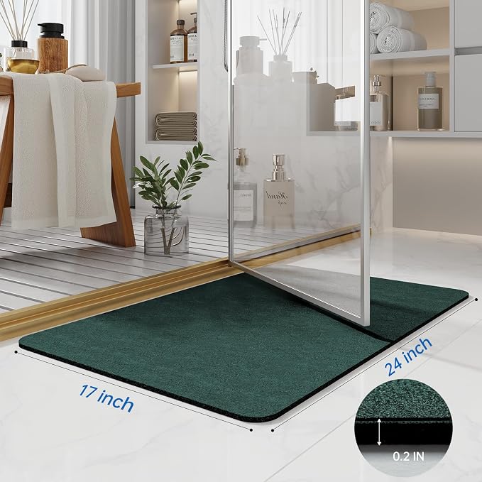 Bath Mat Rugs 24x17 - Diatomaceous Earth Bath Mat Quick Dry Absorbing Bathroom Rugs Rubber Non Slip Thin Bathroom Mat Fit Under Door, Dark Green