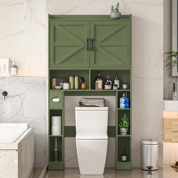 Vabches Over The Toilet Storage Cabinet, Farmhouse Toilet Cabinet Rack with Barn Doors, Space Saving Bathroom Organizer with Shelves, Toilet Paper Holder and Towel Rack for Bathroom,Laundry, Green
