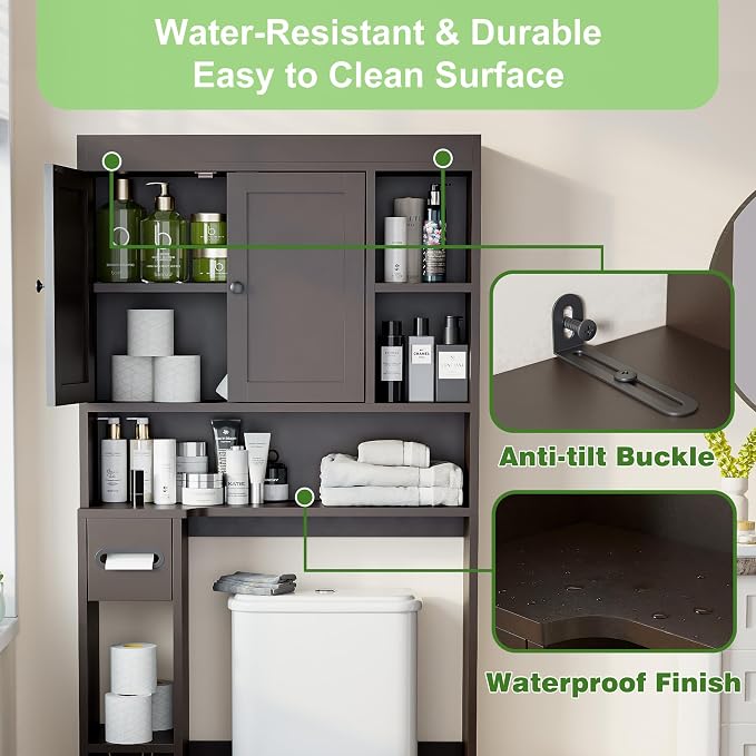 Over The Toilet Storage Cabinet with 7 Shelves, Imitation Walnut Grain Above Toilet Bathroom Organizer with Toilet Paper Holder Stand, Space Saver for Restroom, Laundry, Bathroom (Espresso)