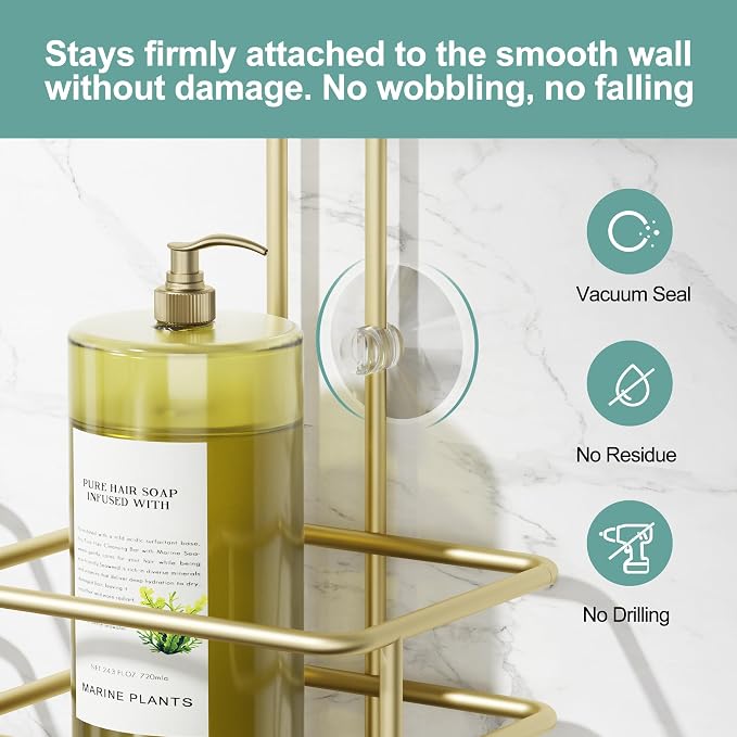 SRIWATANA Shower Caddy Hanging, Bathroom Organizer, No Drilling Shelves Over Shower Head, Bath Rack Holder with Hooks for Razors and Sponge - Gold
