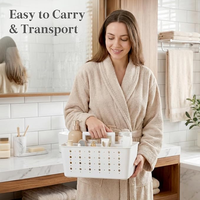Lifewit Shower Caddy Portable, Caddy Organizer with Handle and Adjustable Dividers, Plastic Shower Basket for Dorm Room Essentials, College, Bathroom, White, 2 Packs