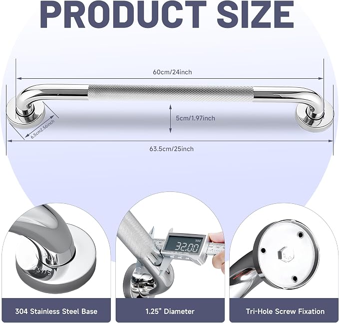 24 Inch Shower Grab Bar, Chrome Anti Slip Safety Bars, 304 Stainless Steel Bathroom Handrail, Handicap Grab Bars for Wall, Shower Grip Handle for Seniors Elderly Injury Assist Bath (1.25" Dia)