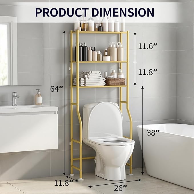 3-Tier Over The Toilet Storage, Freestanding Metal Bathroom Shelves, Space Saver Above The Over Toilet Storage Shelf for Bathroom (Gold)