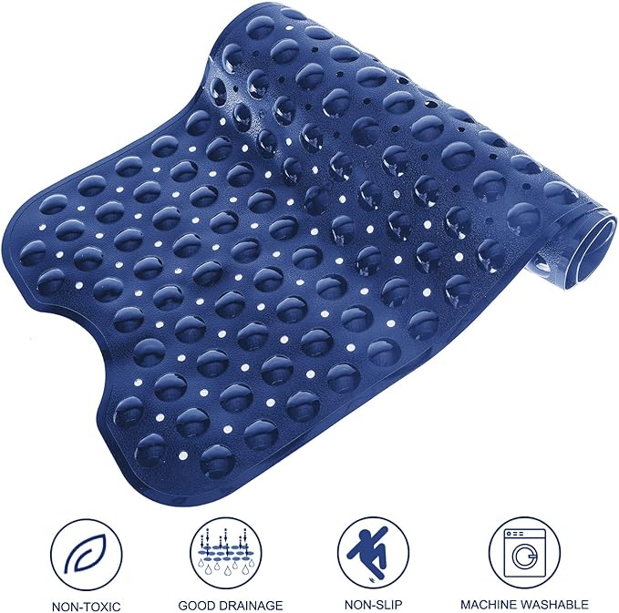 TEESHLY Bath Tub and Shower Mats, Non-Slip 39 x 16 Inch Extra Long Bathtub Mat, Machine Washable BathMat with Drain Holes, Suction Cups for Bathroom (Opaque Navy Blue)