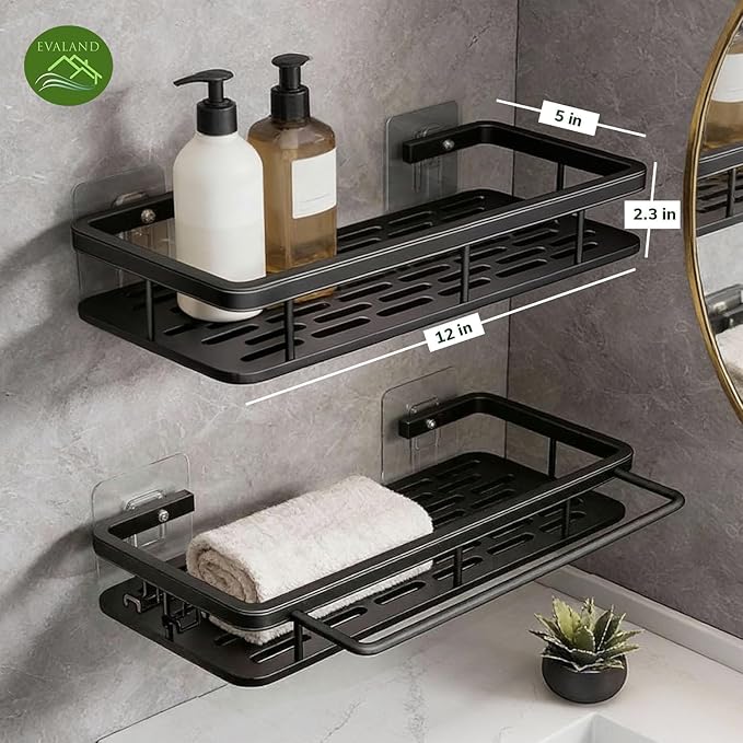 EVALAND Shower Caddy Adhesive 2-Pack with Hooks and Rod for Towels, Black – Premium Bathroom Shower Shelves, Shampoo Organizer, Bathtub Shelf, Rustproof, Easy Installation, Sturdy Modern Look