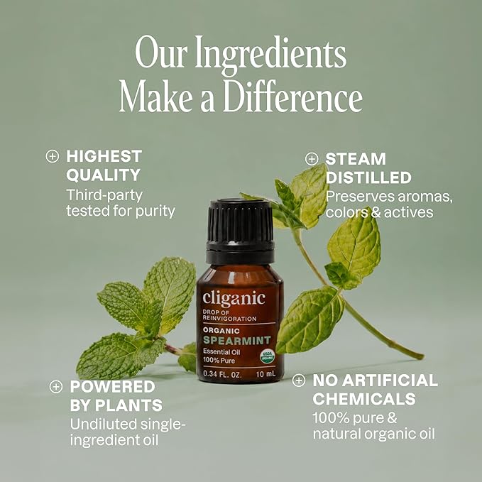 Cliganic USDA Organic Spearmint Essential Oil, 100% Pure Natural Undiluted, for Aromatherapy (10ml) | Non-GMO Verified