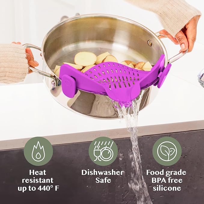 Kitchen Gizmo Snap N Strain Pot and Pasta Strainer - Strainers and Colanders - Adjustable Silicone Clip On Strainer for Pots, Pans, and Bowls - Kitchen Colander - Purple (Pack of 2)