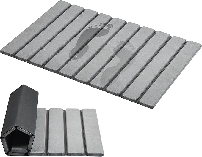 AWW Foldable Stone Bath Mat, Quick Dry Diatomaceous Earth Bath Mat with Non-Slip Mat, Super Absorbent, Easy to Clean, Compact for Small Bathrooms, 23.6 x 15.5, Grey