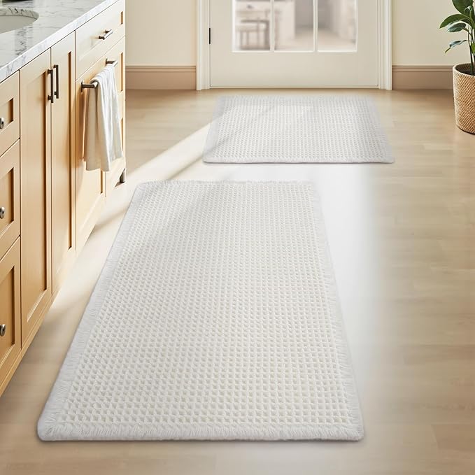Upgraded Waffle Bath Mat Set of 2, Super Absorbent Non Slip Bath Mats for Bathroom Floor, Washable Boho Bathroom Rugs Set 2 Pieces with Tassels, Soft Bathroom Mat Set, White, 17" x 24" + 20" x 32"