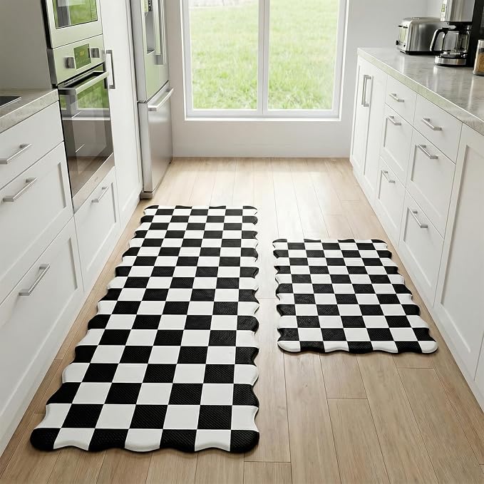 Scalloped Black Checkered Grid Checkerboard Kitchen Rug Sets [2 PCs], Anti-Fatigue, Waterproof Non-Slip Kitchen Mats Heavy Duty Ergonomic Comfort Foam Rug for Floor, Laundry,17"x29"+17"x47"