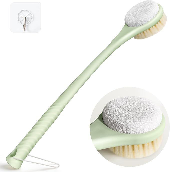 Back Scrubber for Shower with Long Handle, Dual-Sided Bath Brush with Soft Bristles & 150D Exfoliating Cloth, Anti-Slip Grip, Lightweight Back Washer for Shower, Men & Women (Green)