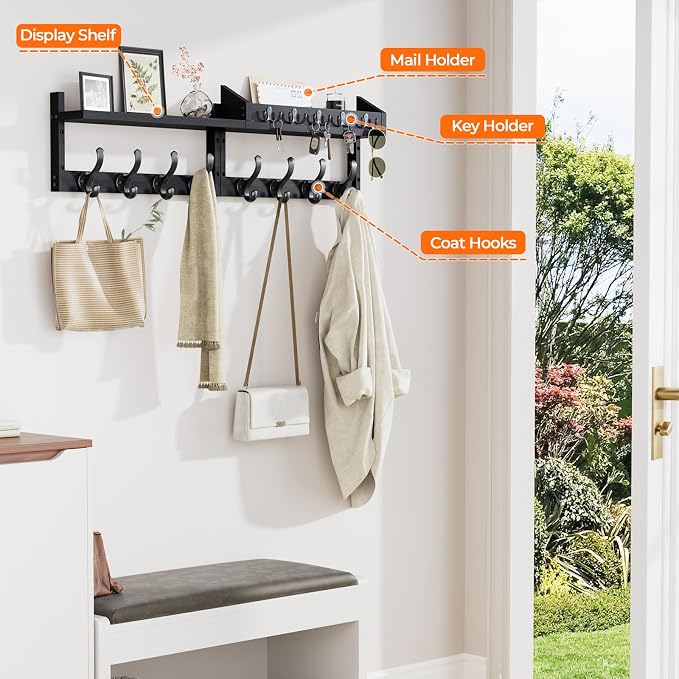 Evermagin 35" Coat Rack Wall Mount with Shelf, 4 in 1 Wall Mounted Coat and Key Hanger with 13 Hooks, Entryway Key Holder with Mail Holder for Living Room, Bedroom, Black