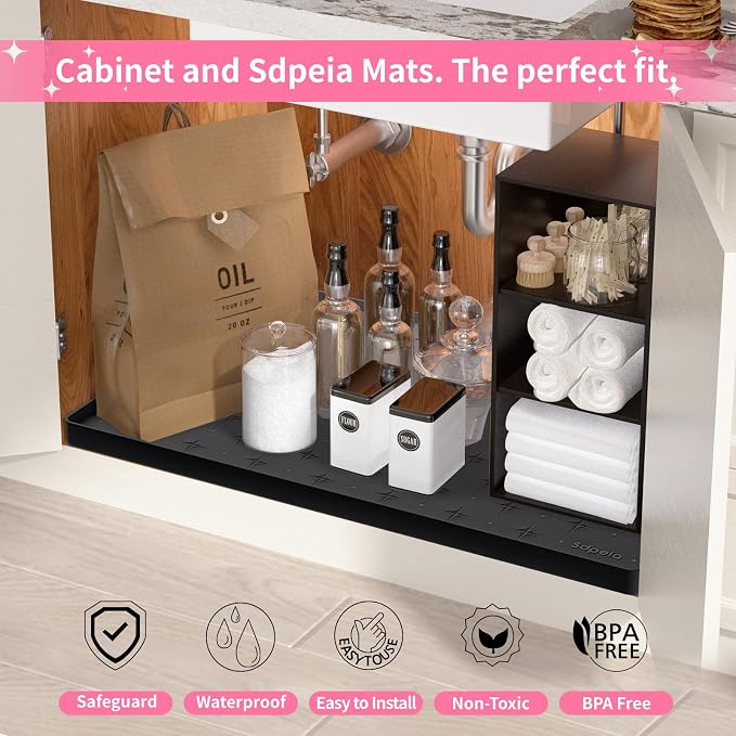 Sdpeia Under Sink Mat 31"×22" Waterproof Silicone Cabinet Liner & Sink Protector for Kitchen & Bathroom, Multi-Purpose Organizers Tray for Pets, Laundry, Cat Litter Mat, Black