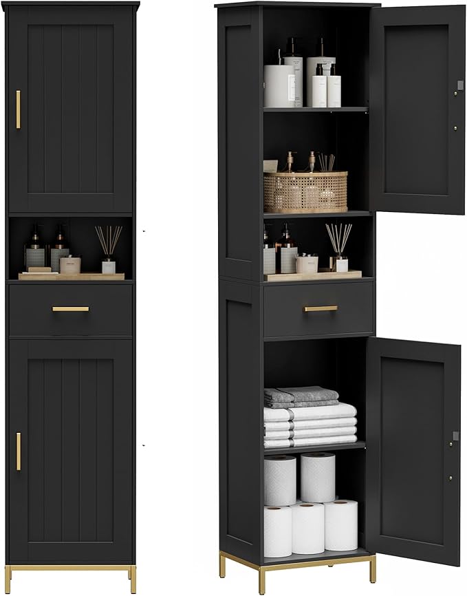 Homhedy 67" H Bathroom Storage Cabinet, Tall Storage Cabinet with Adjustable Shelves, Freestanding Cabinet with Doors and Drawer, Narrow Cabinet for Bathroom, Living Room, Kitchen, Dining Room, Black