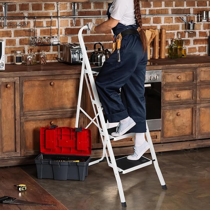Simple Deluxe 4 Step Ladder, Step Stool Foldable, 800lbs Portable Ladder with Wide Anti-Slip Pedal, Step Stool for Adults, Lightweight Step Ladder for Home Kitchen and Outdoor, Black&White