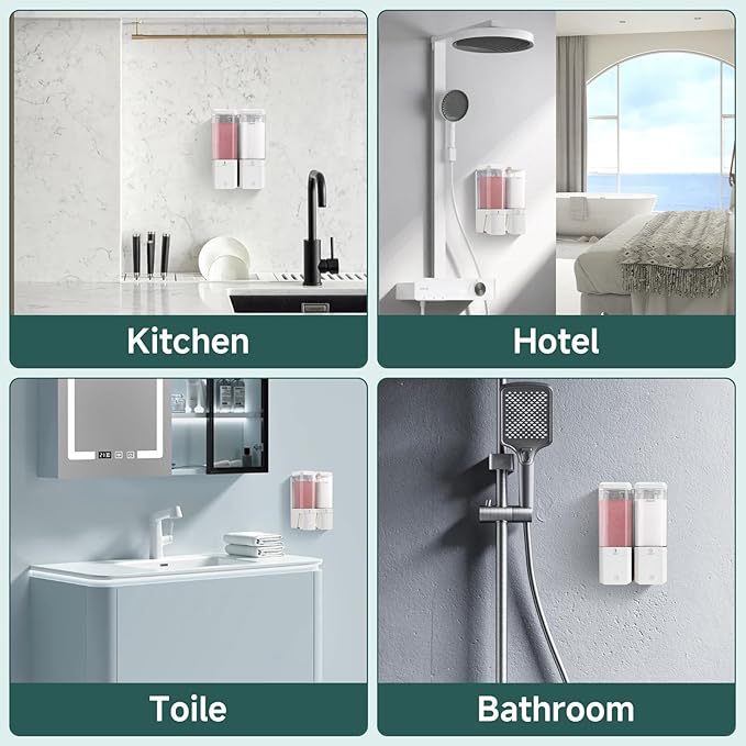 Shampoo and Conditioner Dispenser 2 Chamber No Drill Shampoo Dispenser for Shower Wall Mounted Shower Soap Dispenser 2 * 500ml Refillable Shower Dispenser for Bathroom Hotel,White
