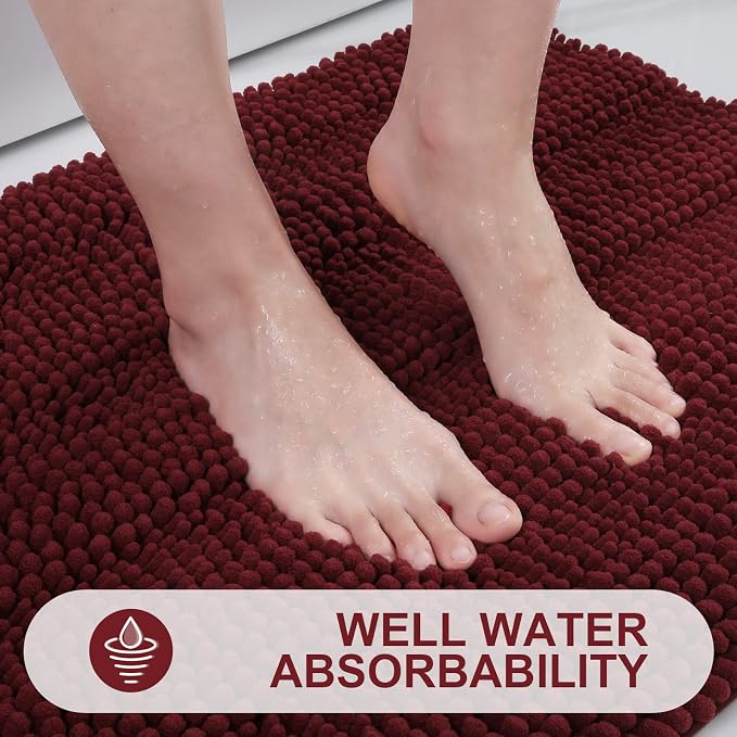 Grandaily Chenille Striped Bathroom Rugs 59x35, Extra Thick and Absorbent Bath Mats, Non-Slip Soft Plush Shaggy Shower Carpet, Machine Wash Dry, Bath Rug for Bathroom, Burgundy