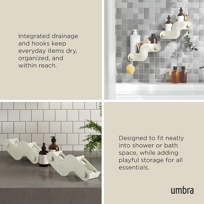 Umbra Nami Shower Caddy Set of 2 – Adhesive Shower Shelf, No Drill Wall Mounted Bathroom Organizer, Rust-Free Plastic Shower Storage Baskets for Shampoo & Toiletries, Ocean Sand