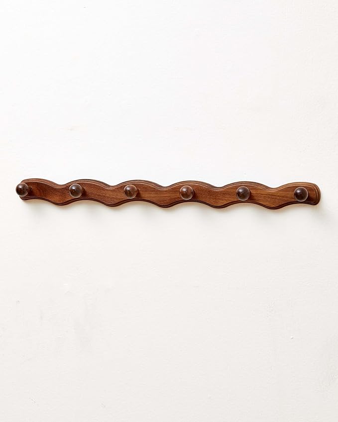 Wood Coat Rack Wall Mount - Walnut Coats Hook Hanger Wall-Mounted, Wave-Shaped Entryway Hanging Racks with 6 Hooks for Jacket Keys Hats Robes Towels Bags, Living Room Mudroom Bathroom Bedroom Hallway