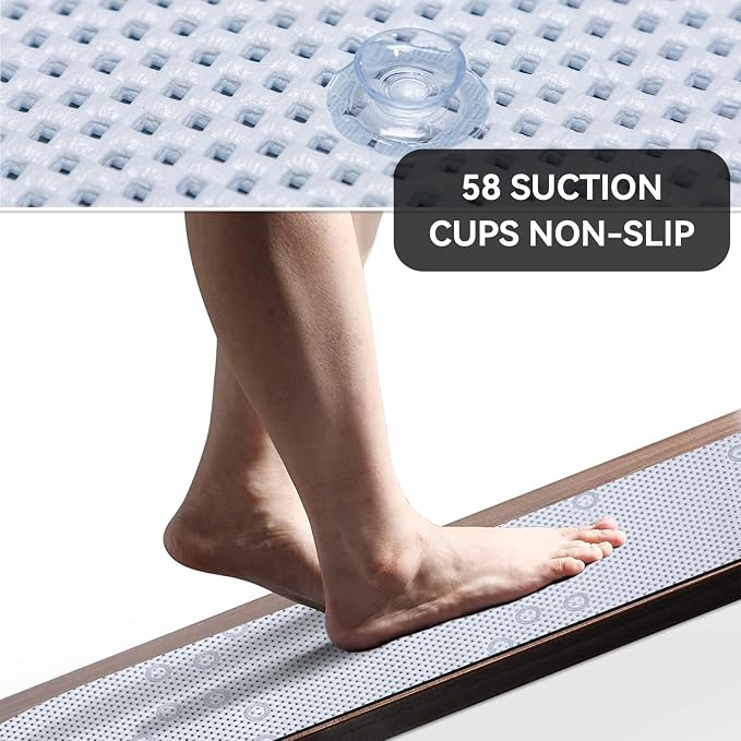 Bathtub Mat Non Slip 36” X 17” Gray Blue Shower Mat Soft Foam Bath Mats for Bathroom Tub, Bathtub Mat with Drain Holes, Suction Cups, Shower Mat Non Slip