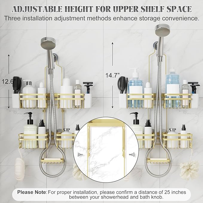Shower Caddy Hanging for Bathroom Organizers and Storage - 3-Tier Adjustable Anti-Swing Shower Organizer Hanging with Heavy-Duty Suction Cups, Damage-Free Rustproof (Gold)