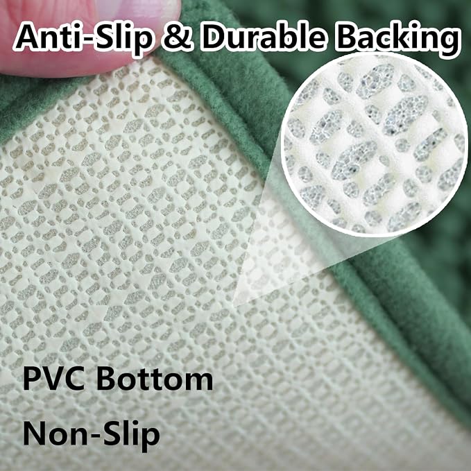 Green Bathroom Rug Chenille 3-Piece Extra Soft and Absorbent Shag Bath Mat Set, Machine Wash Bathroom Rug Set, Strong PVC Non-Slip Underside, Plush Carpet Bath Mat (Dark Green)