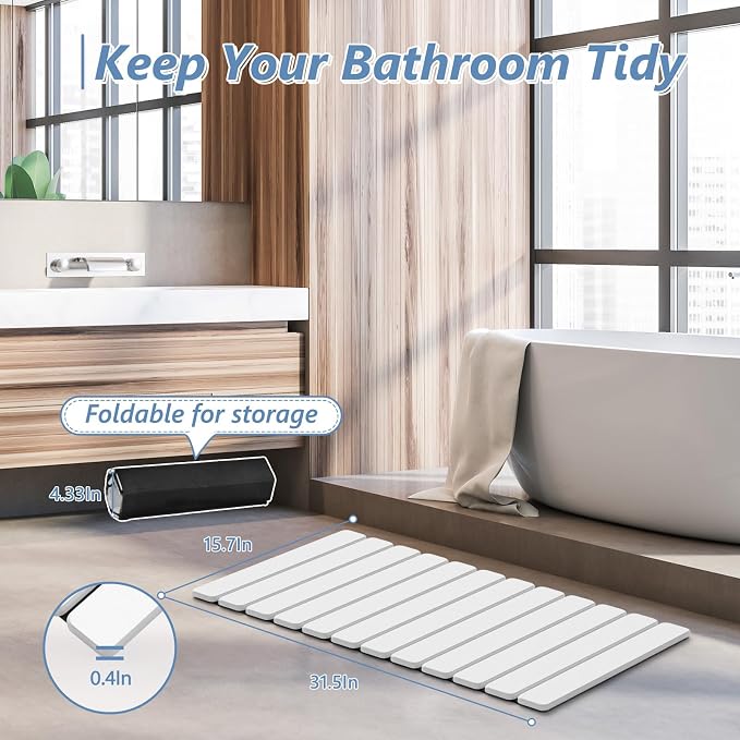 AWW Foldable Stone Bath Mat, Quick Dry Diatomaceous Earth Bath Mat with Non-Slip Mat, Super Absorbent, Easy to Clean, Compact for Small Bathrooms, 31.5 x 15.7, White