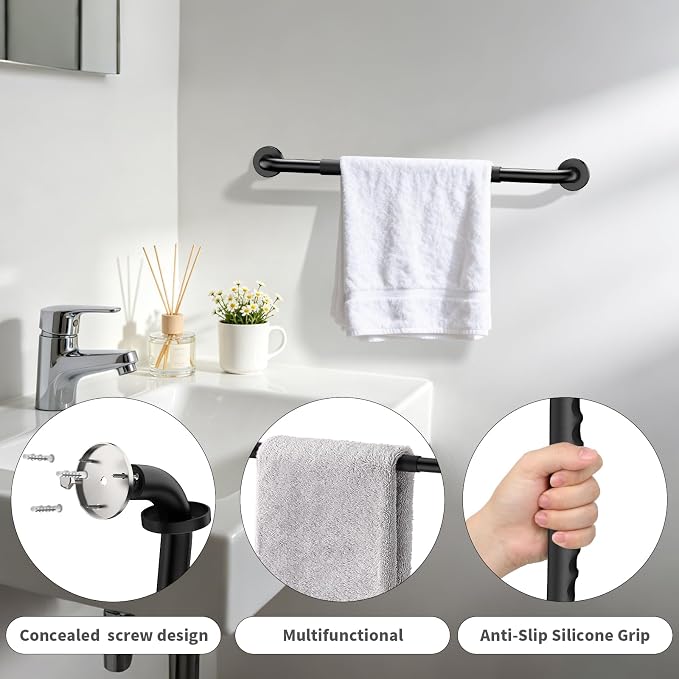 Anti-Slip Black Bathroom Grab Bar 24 inch, iMomwee Stainless Steel Shower Handrail for Elderly, Wall Mounted Safety Handicap Bars, Balanced Support Handle Bar for Senior