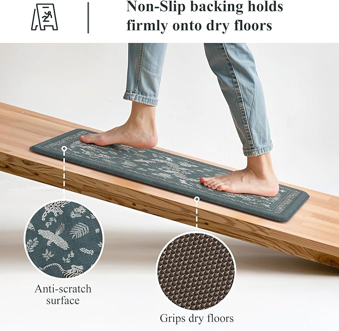 LEEVAN Anti Fatigue Mats for Kitchen Floor Non-Slip, Cushioned Kitchen Mats for Floor 2 Piece, Blue Memory Foam Kitchen Mat Set, Waterproof Ergonomic Standing Mat for Bar, Office,Desk, Laundry