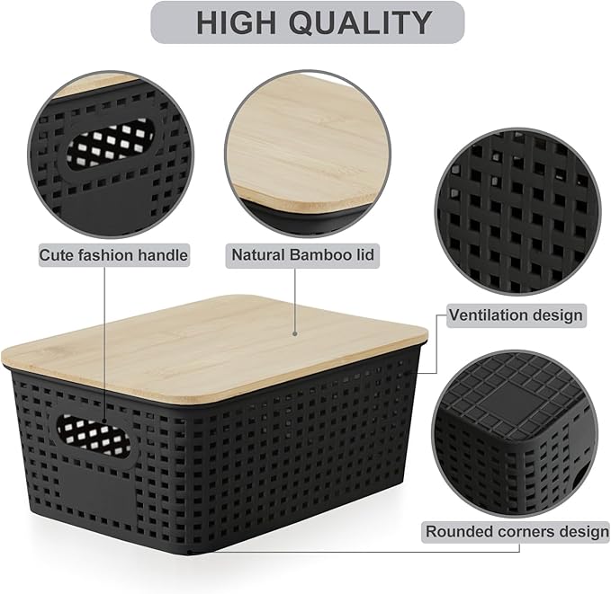 Bagnizer Small Plastic Storage Bins with Bamboo Lids 5.2qt Stackable Box Basket Pantry Decorative Containers Cute with Lable for Organizing Desktop Closet Office Black of 6 packs 10 * 7.2 * 4.1"