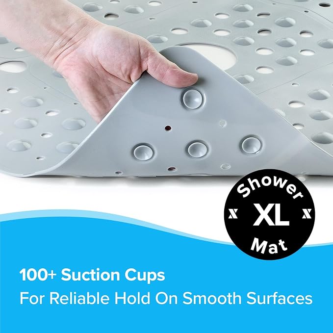 SlipX Solutions Case Pack - 27" Oversize Square Shower Mat, Non-Slip Mat for Elderly & Kids, 100+ Power Grip Suction Cups for Smooth Surfaces, Machine Washable, Solid Gray, Box of 4