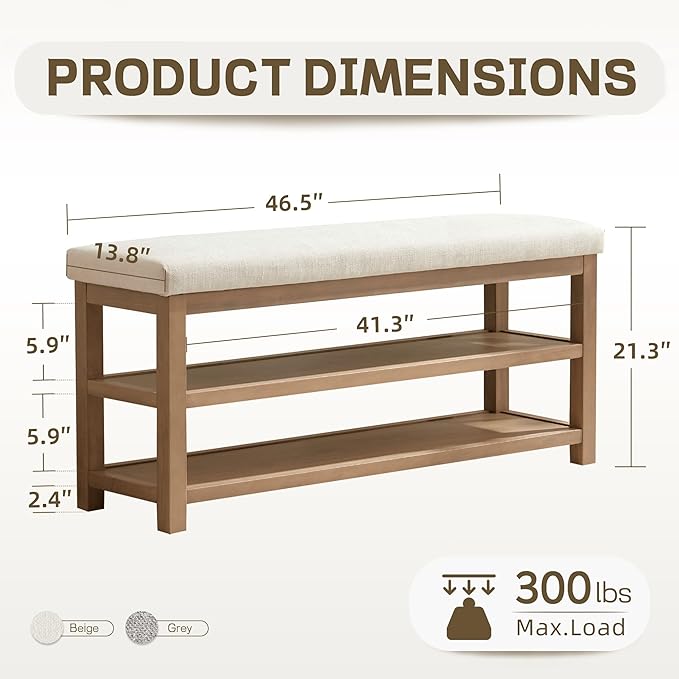 Zihanhome 2 Tier Shoe Rack Bench with Cushion, Solid Wood Shoe Benches, Mid-Century Modern Shoe Storage Bench for Entryway, Hallway, Living Room, Closet, Front Door Entrance, (Beige, 46.5")