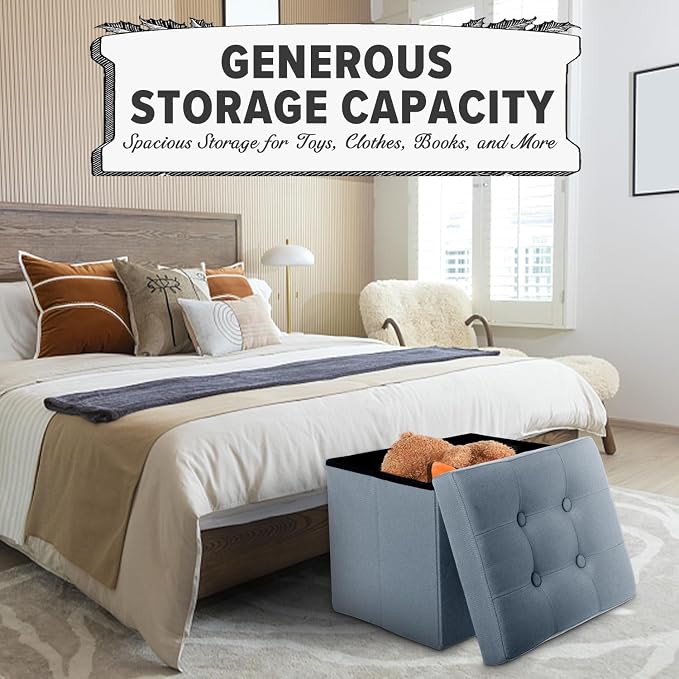 LINMAGCO Storage Ottoman Folding Foot Stool Ottoman with Side Pocket Modern Short Sofa Stool Linen Cloth 17x13x13(FogBlue)