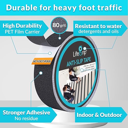 LifeGrip Stay on Track Anti Slip Traction Tape, 2 Inch x 60 Foot - Best Grip, Friction, Abrasive Adhesive for Stairs, Tread Step, Indoor, Outdoor (2" X 60')
