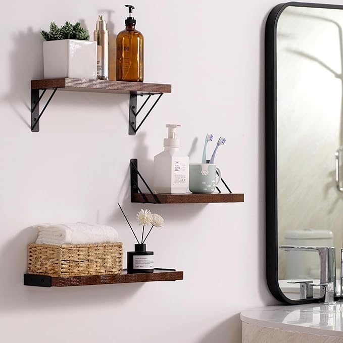 BAYKA Wall Shelves for Bedroom Decor, Floating Shelves for Wall, Display Mounted Rustic Wood Shelf for Books,Plants,Corner Shelves for Bathroom,Kitchen,Living Room(Rustic Brown,Set of 3)