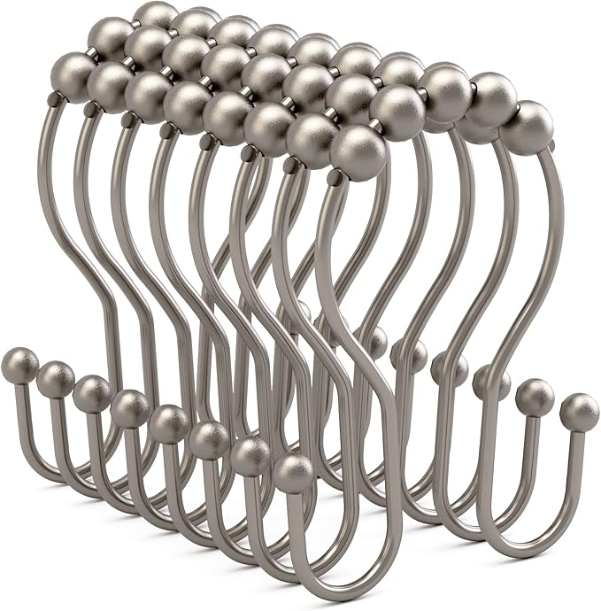 Bathway Shower Curtain Hooks Rust Proof Shower Curtain Rings, Smooth Glide Double Hook Shower Curtain Hooks,Shower Hooks for Shower Curtain Matte Nickel Shower Rod Hooks Shower Curtain Hangers 12Pcs