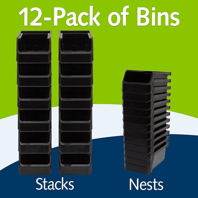 ReadySpace Plastic Containers for Organizing and Storage Bins for Drawers, Desks, Office Organization, and Garage, Stackable Bins, Small (3" x 7" x 4"), 12-Pack, Black