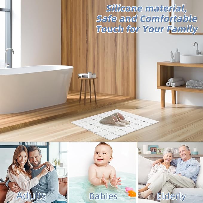Shower Mat Non Slip 21"x21" Silicone Foldable Bath Mat with Suction Cups & Drain Holes, Odorless, Eco-Friendly & Durable, Machine Washable Shower Stall Mat for Adults, Seniors White