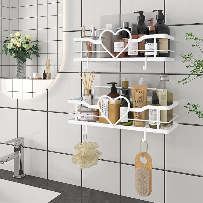 White Shower Caddy with 4 Removable Hooks, 2 Pack Sweet Heart Shower Shelves,No Drilling Adhesive Organizer Shelf for Bathroom Shower,Kitchen,Bedroom