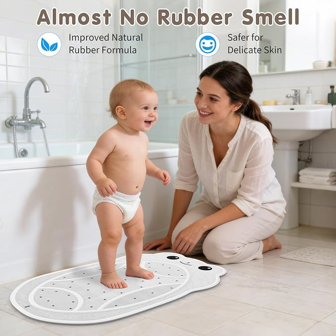 Upgraded Kids Bathtub Mat Non Slip, Low-Odor Natural Rubber Bath Mat with Strong 18mm Suction Cups, Flat Non-Slip Surface, 30"x18" Cute Frog Design, Shower Mat Fast Draining for Smooth Tubs, Beige