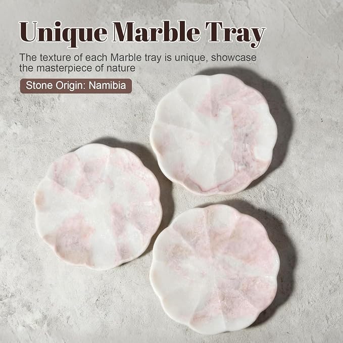 Koville Marble Tray, 8" Round Marble Vanity Tray for Jewelry Trinket Perfume, Natural Stone Tray for Bathroom Kitchen Dresser Countertop, Scalloped Decorative Tray for Home Table Decor(Namibia Rose)
