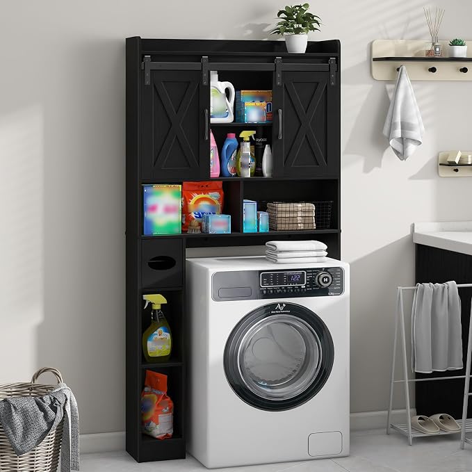 Vabches Over The Toilet Storage Cabinet, Farmhouse Storage Cabinet Over Toilet with Sliding Doors & Toilet Paper Holder Stand，Home Space-Saving Toilet Rack, for Bathroom, Laundry and Restroom.Black