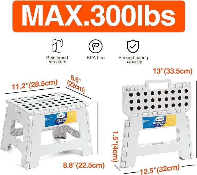 Korpai 9" Folding Step Stool for Adults and Kids Holds Up to 300 lbs,Non-Slip Folding Stools with Portable Handle, Compact Plastic Foldable Step Stool for Bathroom,Bedroom, Kitchen,White,1PC