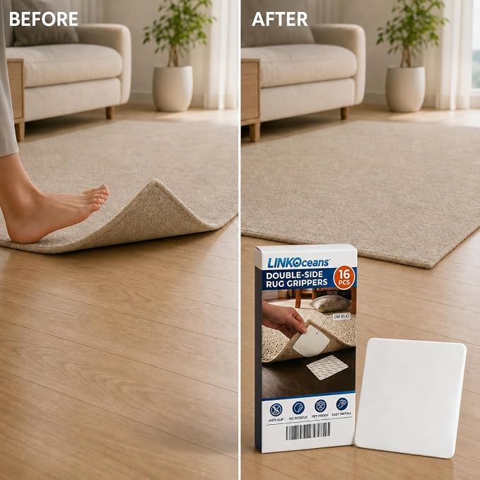 16 Pcs Rug Grippers Non Slip for Hardwood Floors & Tiles, Double-Sided Reusable Carpet Tape, No Residue Rug Corner Grippers Keep Area Rugs & Corners Flat, Cuttable, Renter Friendly