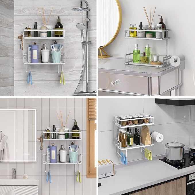 FLOLXNB Over The Toilet Storage Shelf, 2-Tier Bathroom Storage Organizer Upgrade Punch-Free Toliet Storage Shelf, Home Storage Rack with Hooks Shelf,White